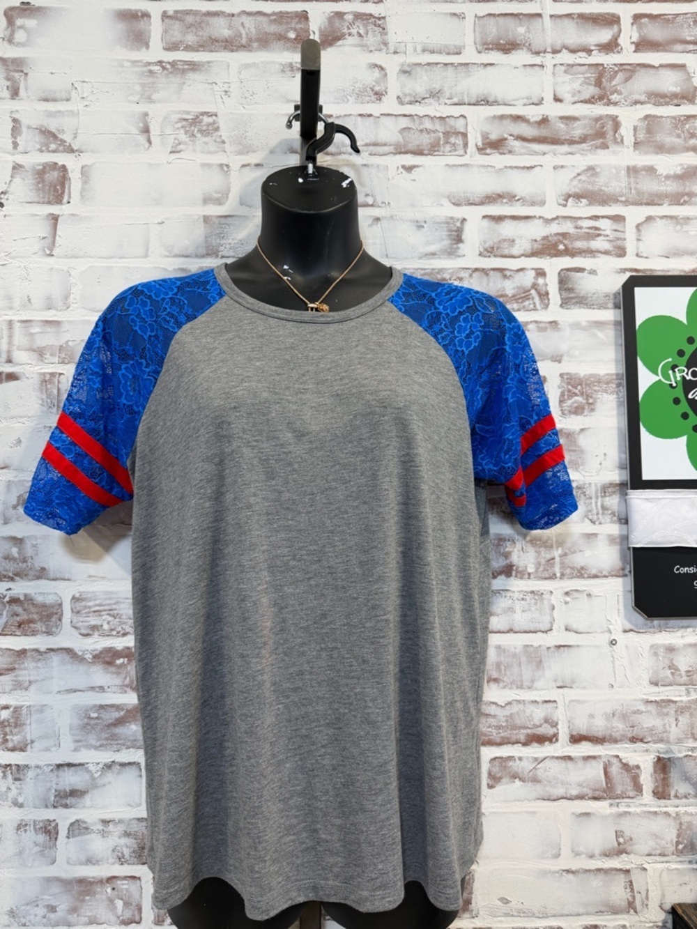 torrid Grey Raglan Tee with Royal Blue Lace Sleeves and Red Stripe Accents 1X